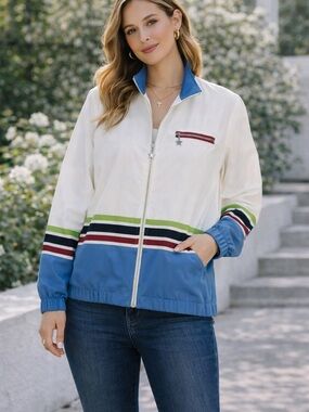 Alfred Dunner White and Blue Zip-Front Striped Bomber Jacket